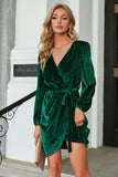 Velours Vert Foncé Manches Longues Wrap Robe de Fête