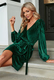 Velours Vert Foncé Manches Longues Wrap Robe de Fête