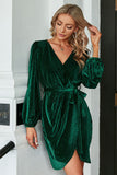 Velours Vert Foncé Manches Longues Wrap Robe de Fête