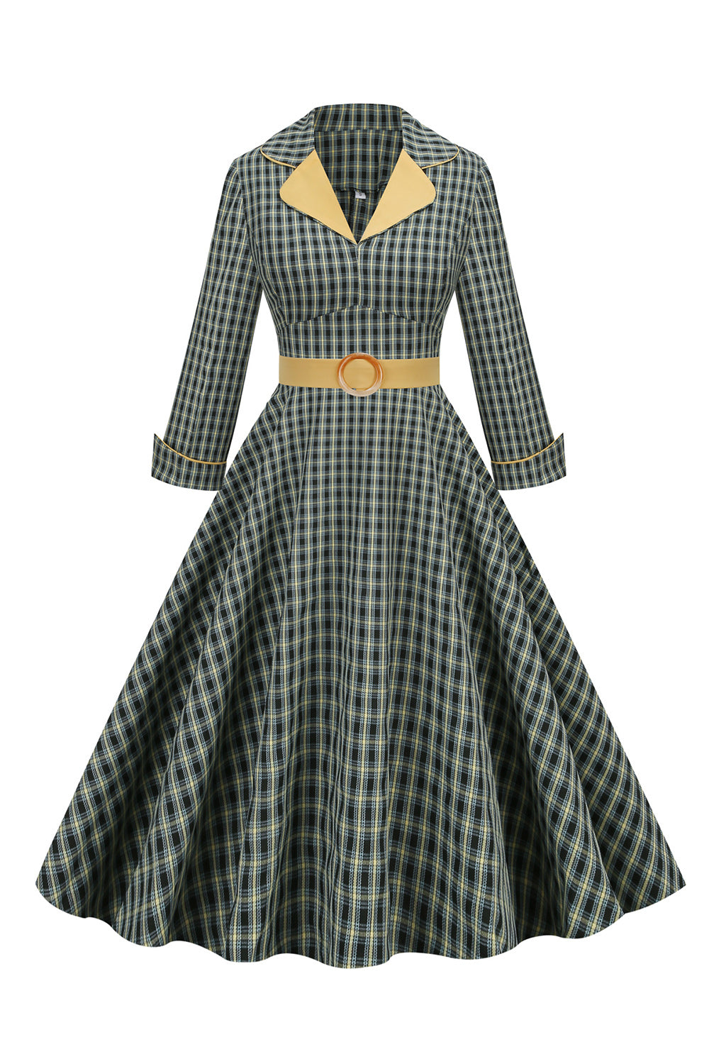Une ligne V Col Green Gird Robe des années 1950 avec 3/4 Manches