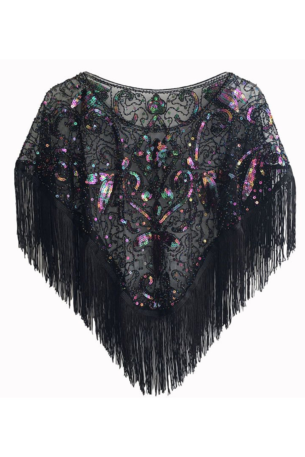 Cap à paillettes noir doré des années 1920 avec franges