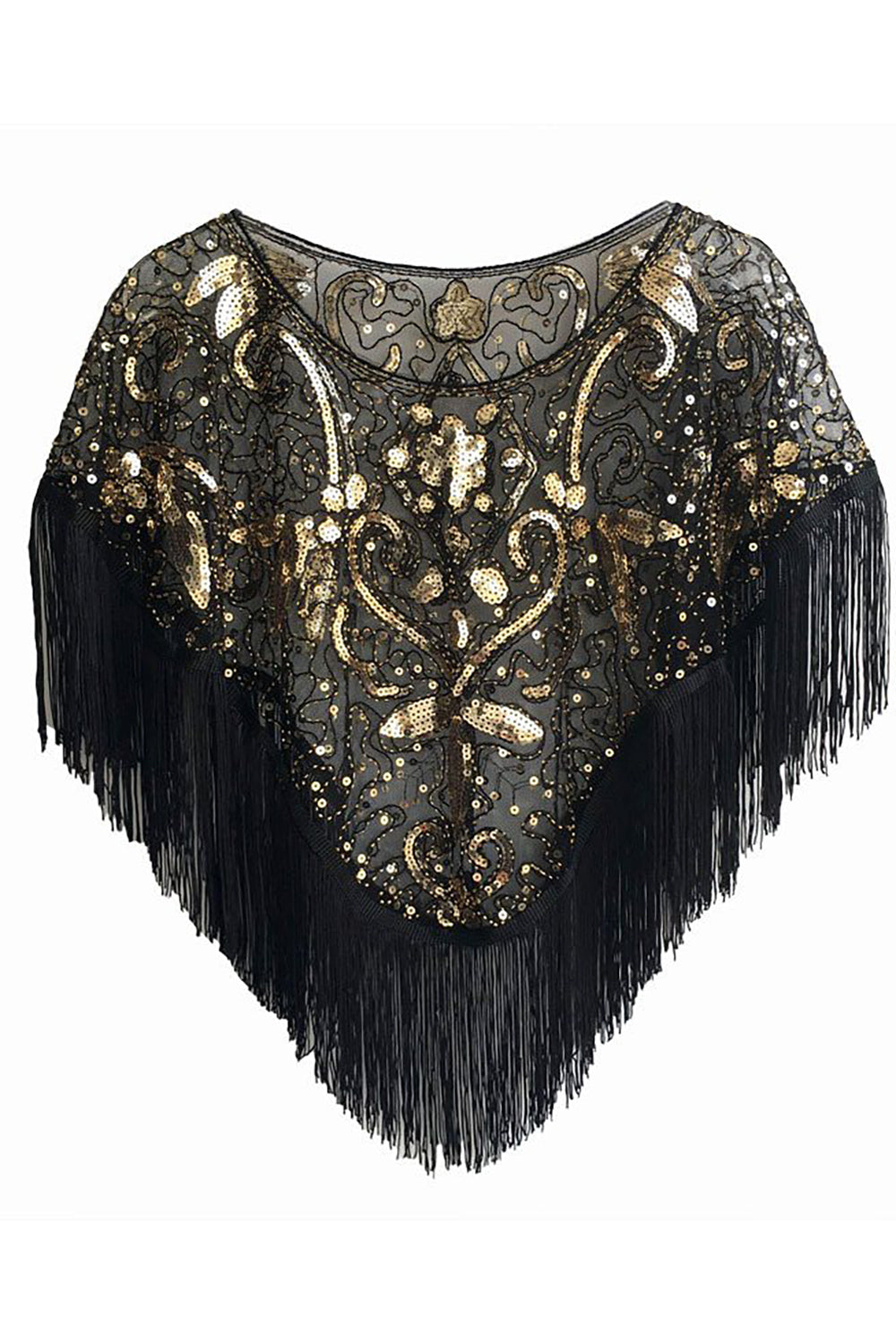 Cap à paillettes noir doré des années 1920 avec franges