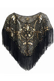 Cap à paillettes noir doré des années 1920 avec franges