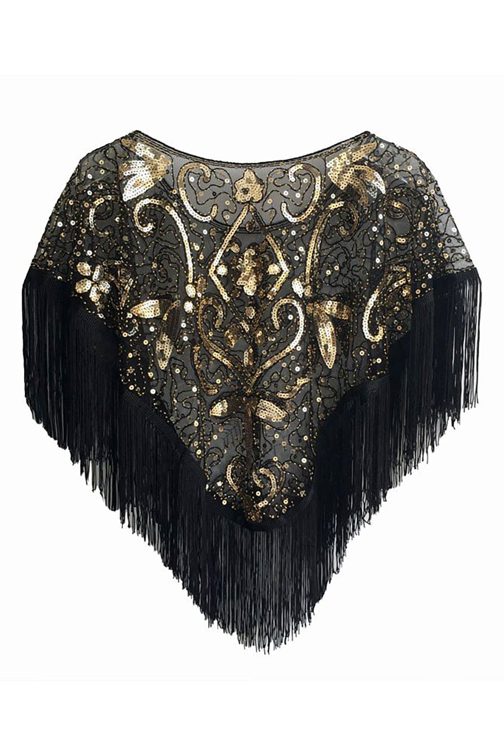Cap à paillettes noir doré des années 1920 avec franges