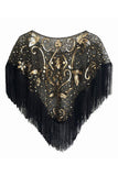 Cap à paillettes noir doré des années 1920 avec franges