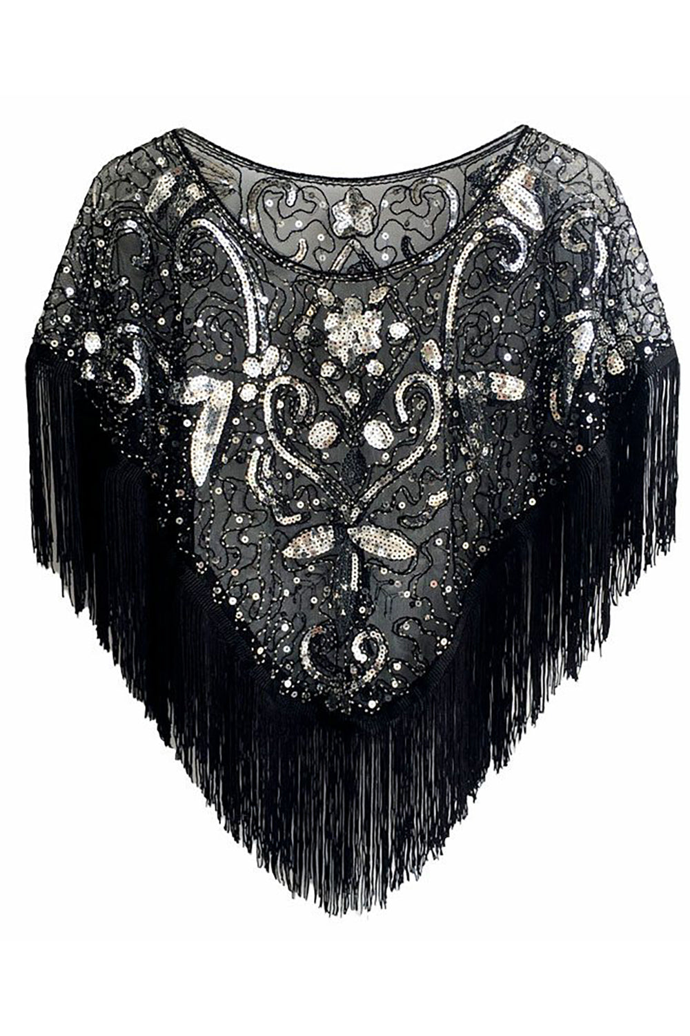 Cap à paillettes noir doré des années 1920 avec franges