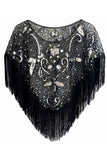 Cap à paillettes noir doré des années 1920 avec franges