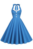 Robe Hepburn Style Halter Neck Bleu Années 50