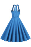 Robe Hepburn Style Halter Neck Bleu Années 50