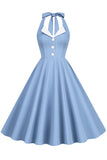 Robe Hepburn Style Halter Neck Bleu Années 50