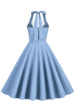 Robe Hepburn Style Halter Neck Bleu Années 50