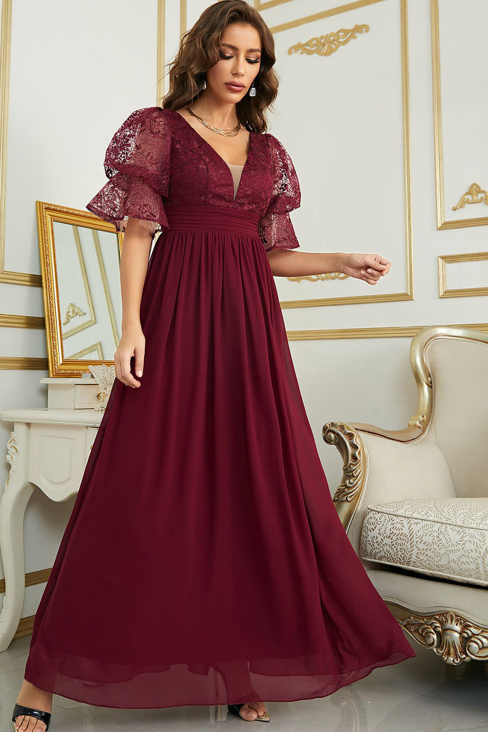 Bourgogne Chiffon Robe demoiselle d’honneur avec dentelle