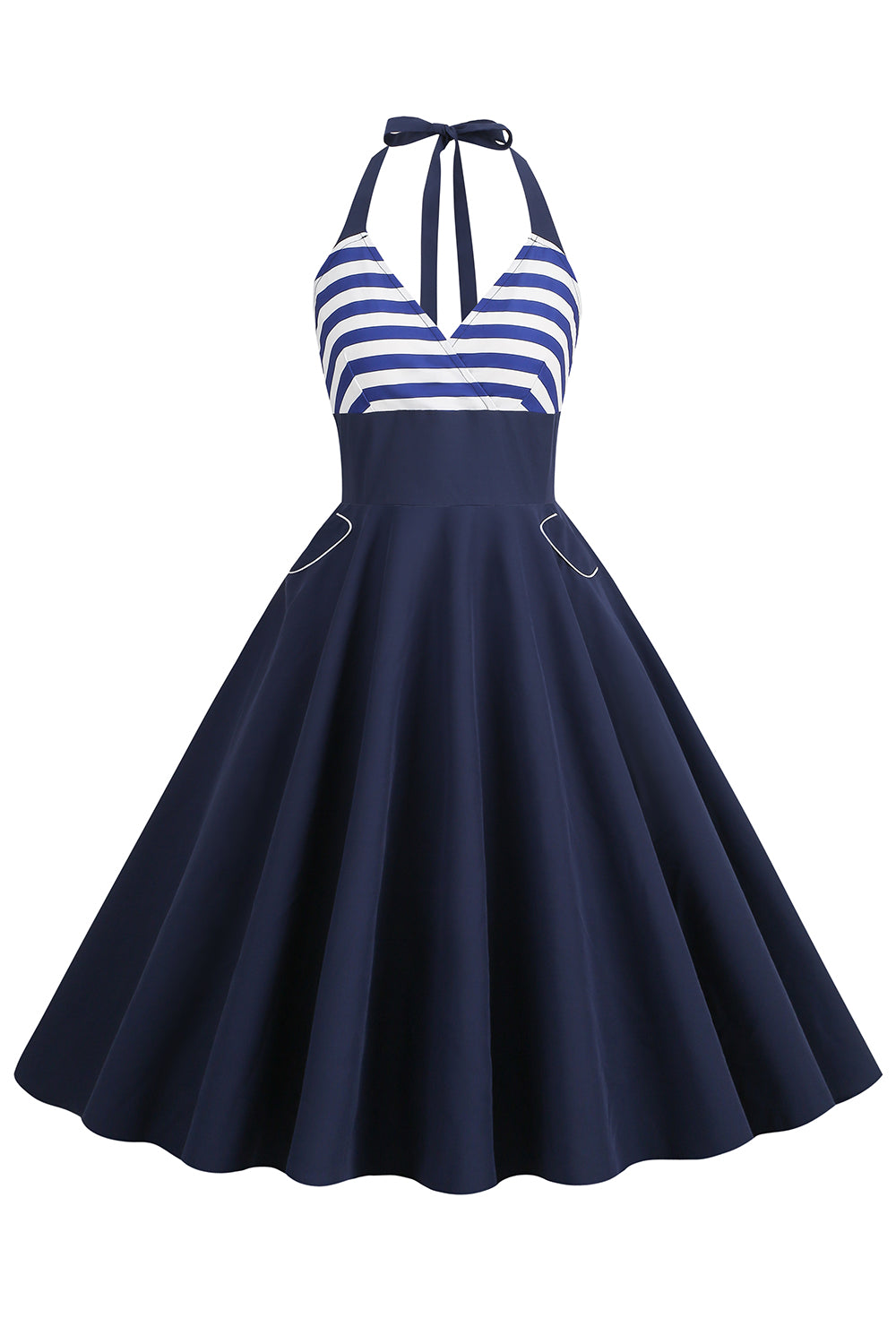 Halter Stripe Blue Swing Robe rétro avec poches