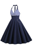Halter Stripe Blue Swing Robe rétro avec poches