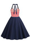 Halter Stripe Blue Swing Robe rétro avec poches
