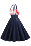 Halter Stripe Blue Swing Robe rétro avec poches