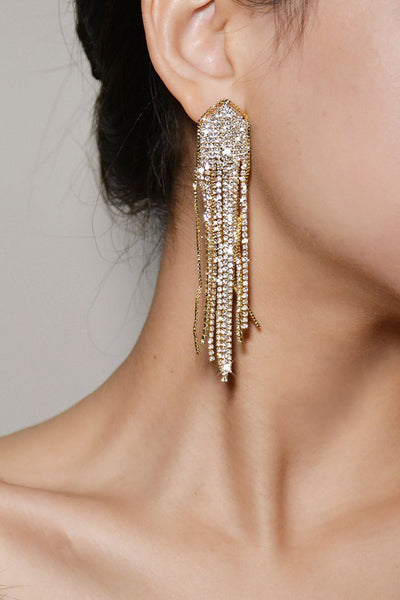 Boucles D'oreilles Longues Art Déco - Clous Dorés Avec Pompon Tassel Et Pierres CZ