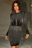 Black Glitter Beaded Manches Longues Bodycon Robe de cocktail