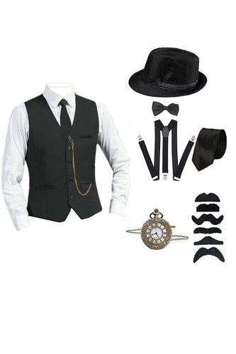 Gilet de costume noir à simple boutonnage pour hommes avec ensemble d’accessoires
