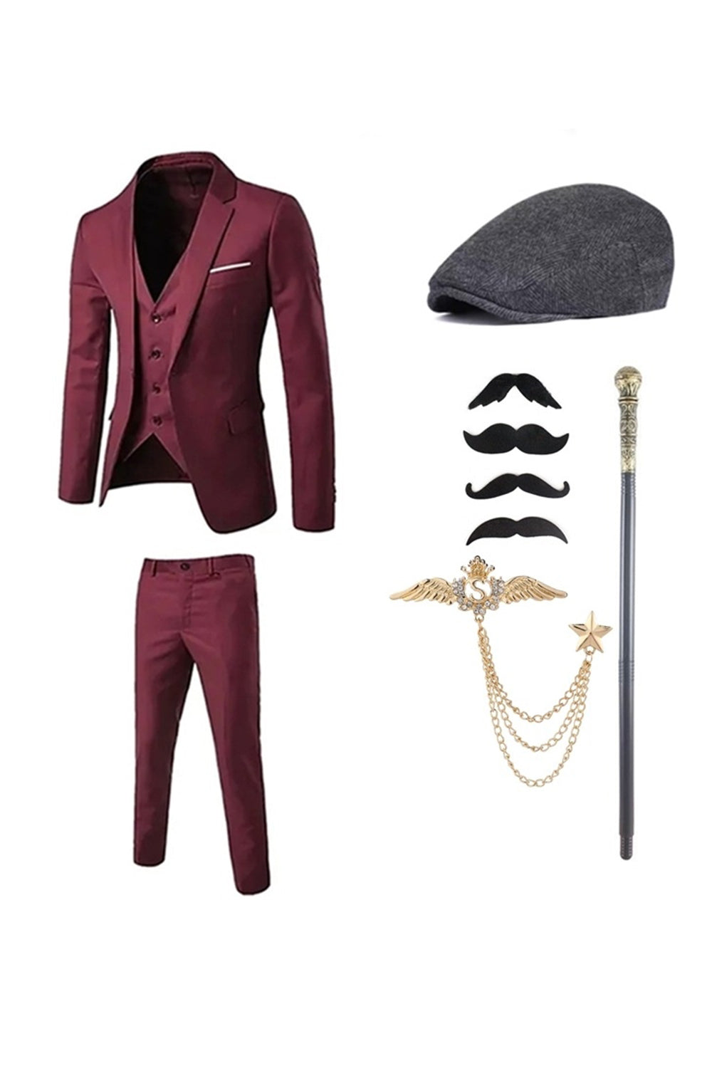 Costumes des années 20 pour hommes à revers cranté bleu foncé avec ensemble d’accessoires