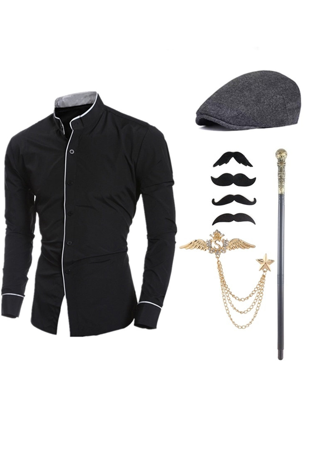 Col montant Manches longues Chemise de costume noir pour hommes avec ensemble d’accessoires