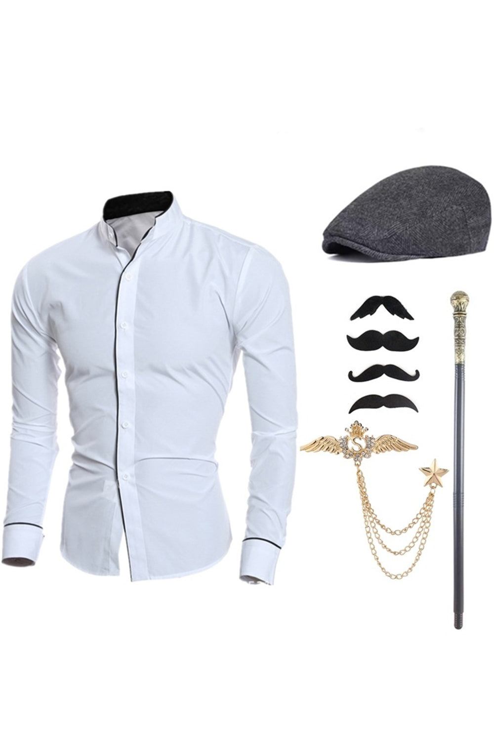 Col montant Manches longues Chemise de costume noir pour hommes avec ensemble d’accessoires