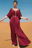 Fait main Bourgogne Col Rond Caftan Marocain