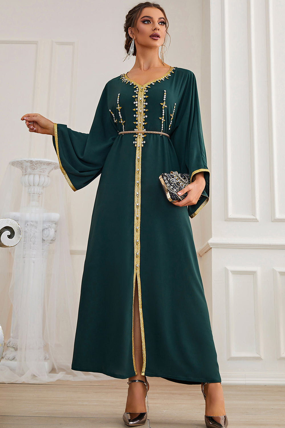 Manches longues vert foncé Maxi Caftan Marocain