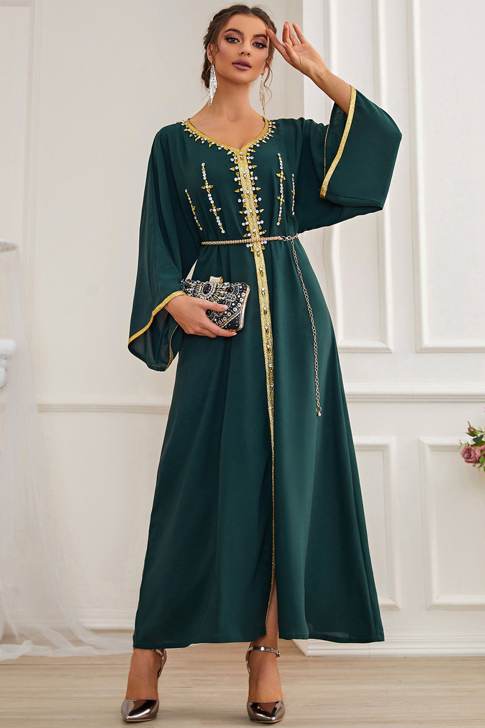 Manches longues vert foncé Maxi Caftan Marocain