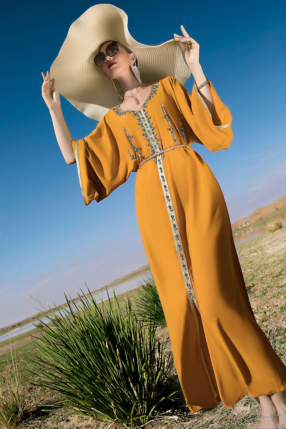 Manches longues vert foncé Maxi Caftan Marocain