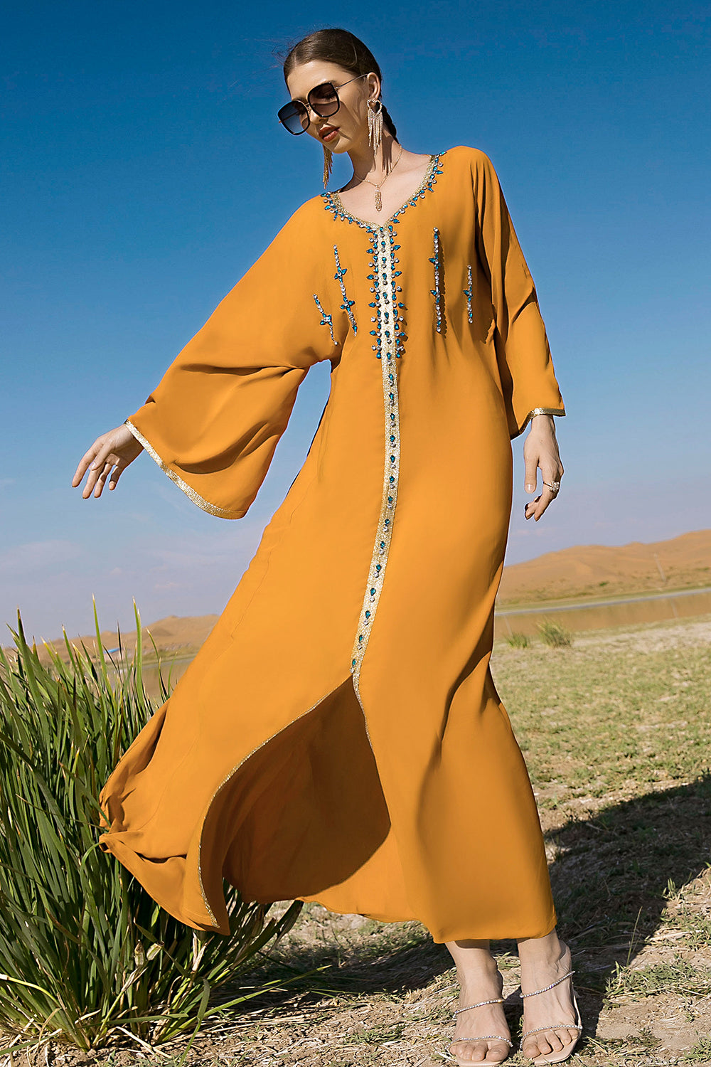 Manches longues vert foncé Maxi Caftan Marocain