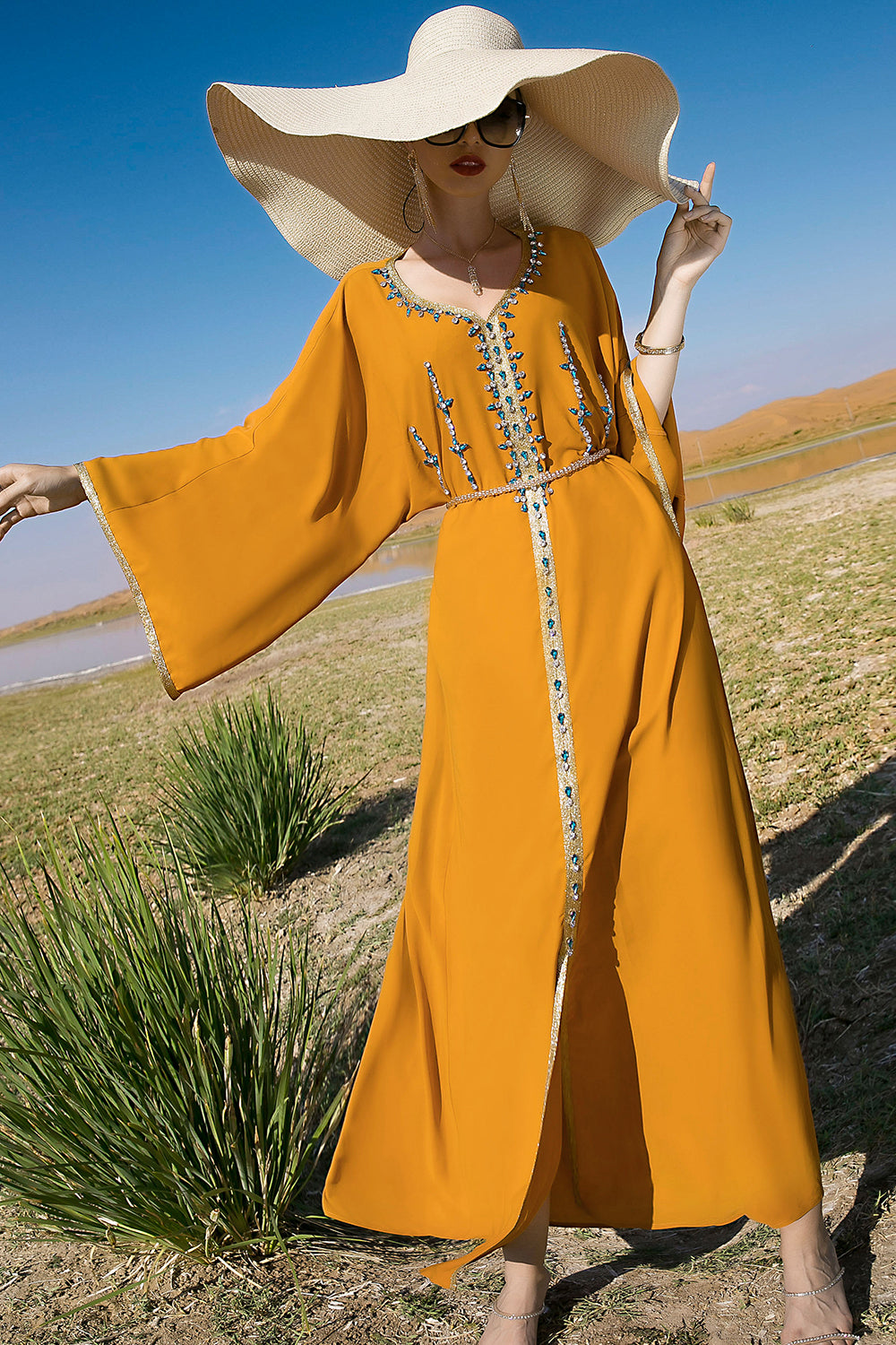 Manches longues vert foncé Maxi Caftan Marocain