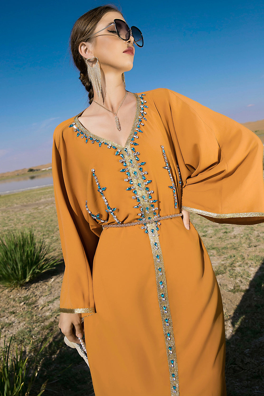 Manches longues vert foncé Maxi Caftan Marocain