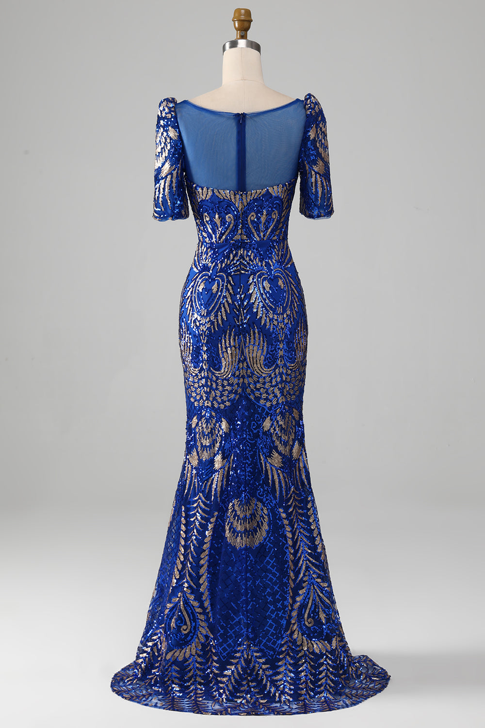 Sirène Robe de Soirée scintillante bleu royal à manches courtes