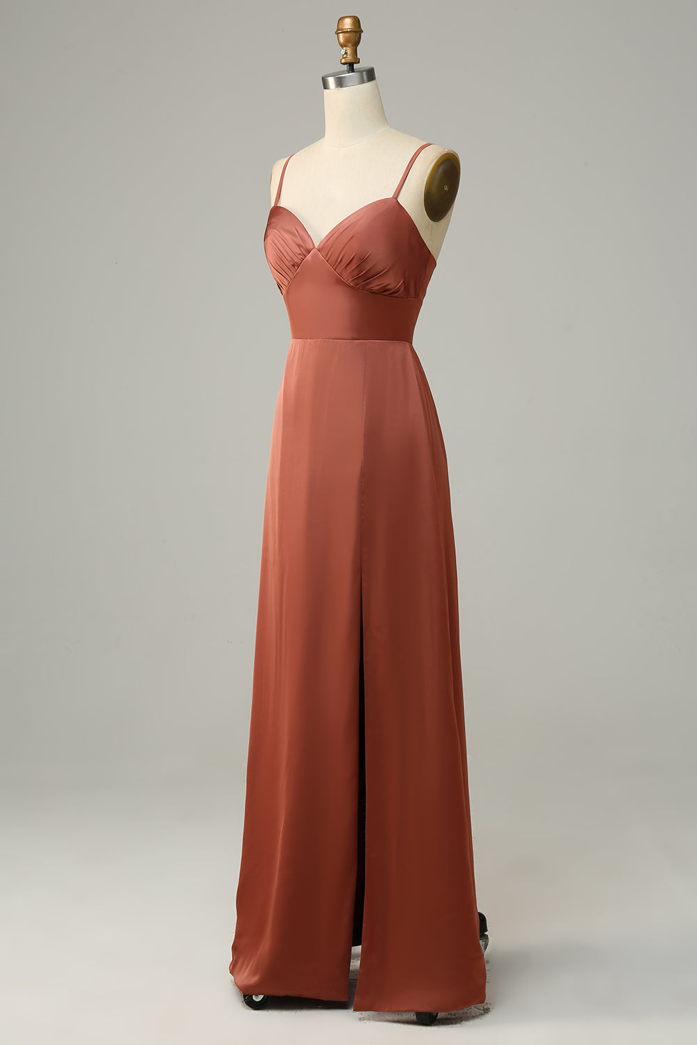 Brick Red Sheath Spaghetti Straps Satin Bridesmaid Robe avec fente