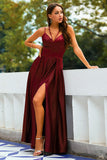 Robe longue en satin bordeaux