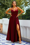 Robe longue en satin bordeaux