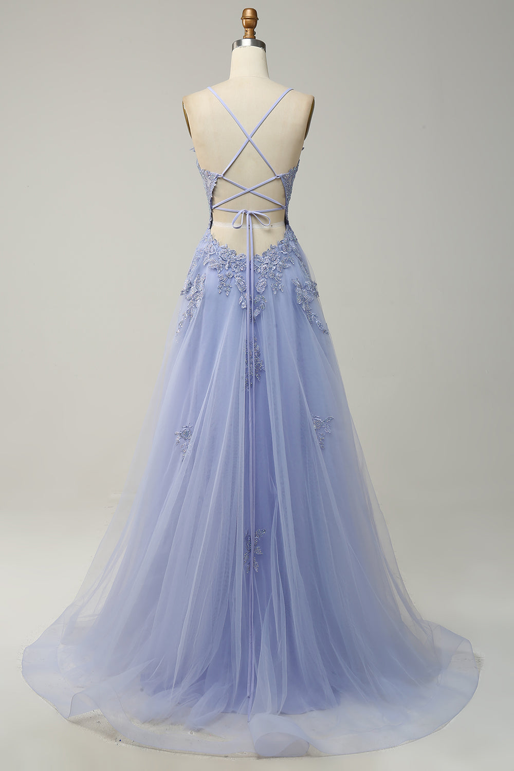 Bretelles spaghetti Une ligne gris bleu longue robe de soirée avec dos croisé