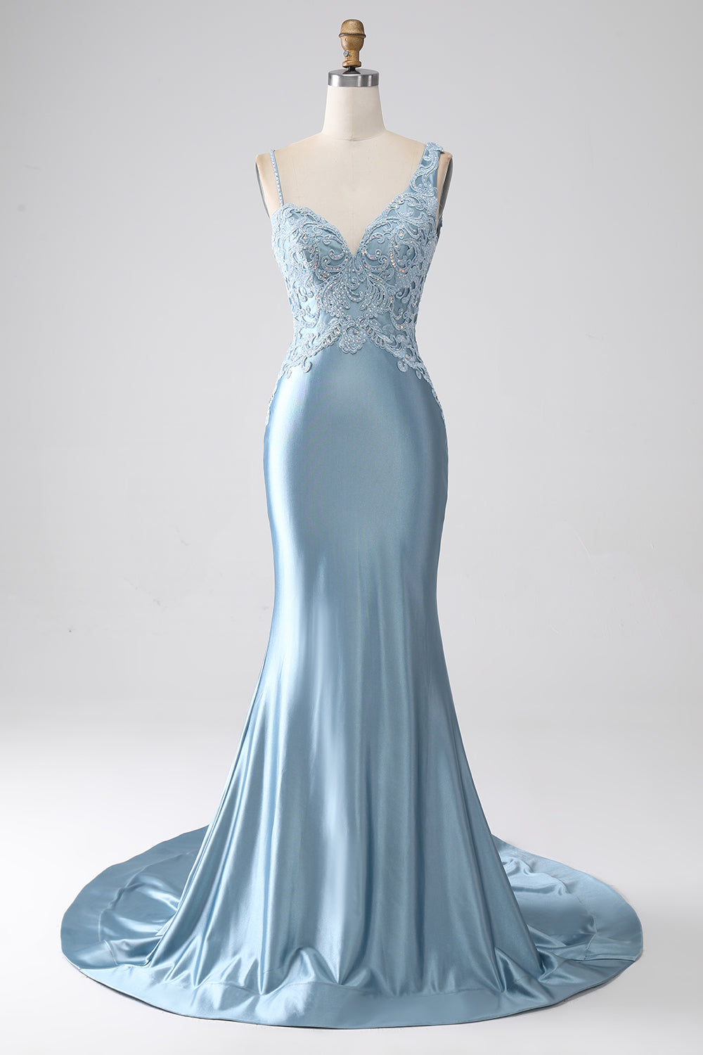 Gris bleu sirène bretelles spaghetti longue robe de soirée perlée avec appliques