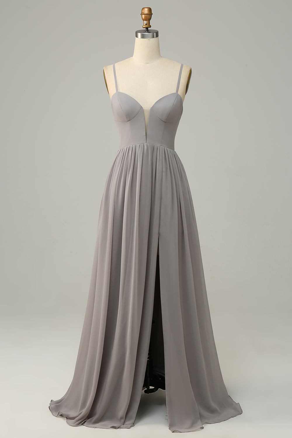 Silver A Line Spaghetti Strats Long Bridesmaid Dress avec fente