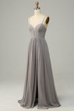 Silver A Line Spaghetti Strats Long Bridesmaid Dress avec fente