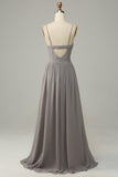 Silver A Line Spaghetti Strats Long Bridesmaid Dress avec fente
