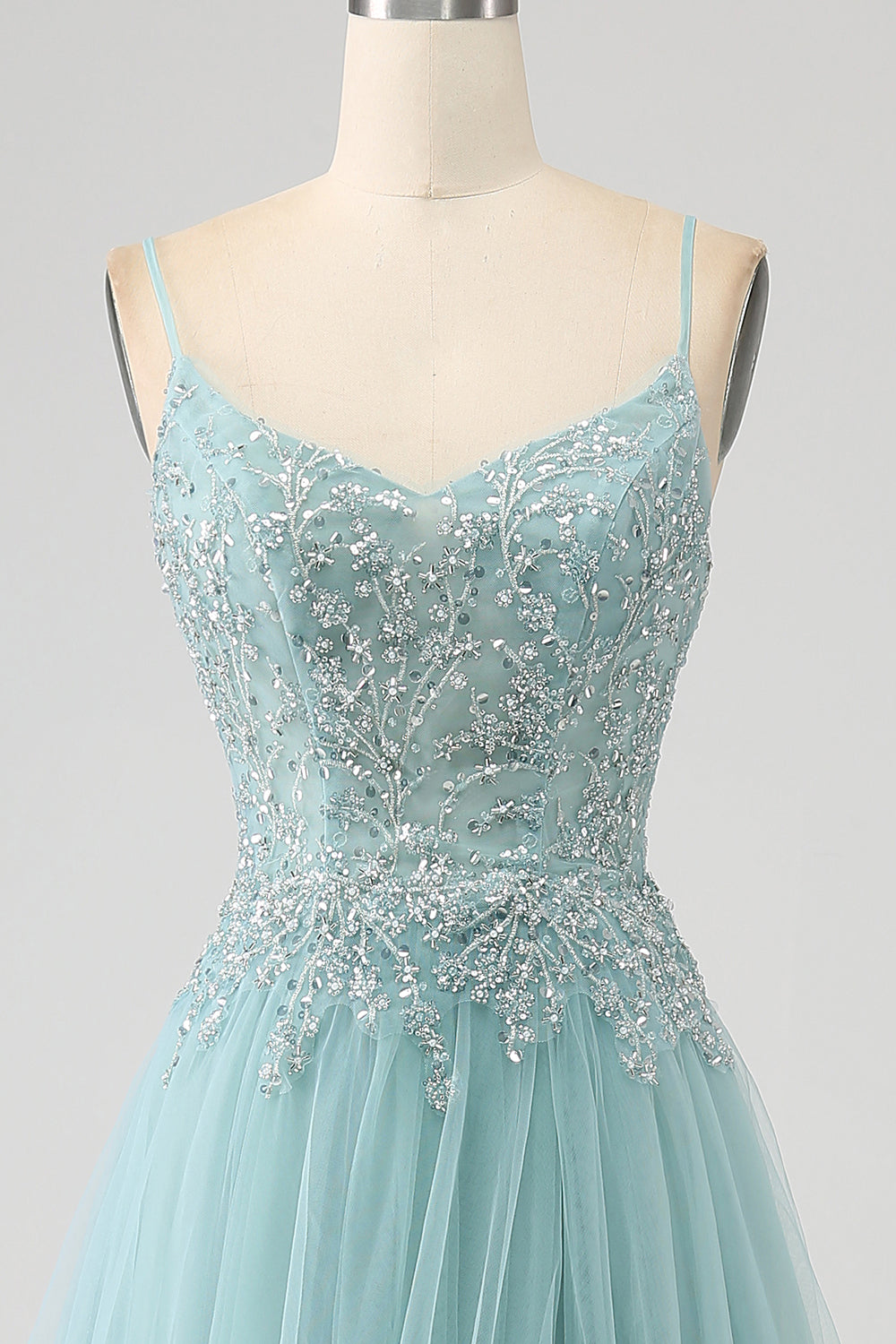 Robe de soirée Corset à paillettes Applique vert clair scintillant avec fente