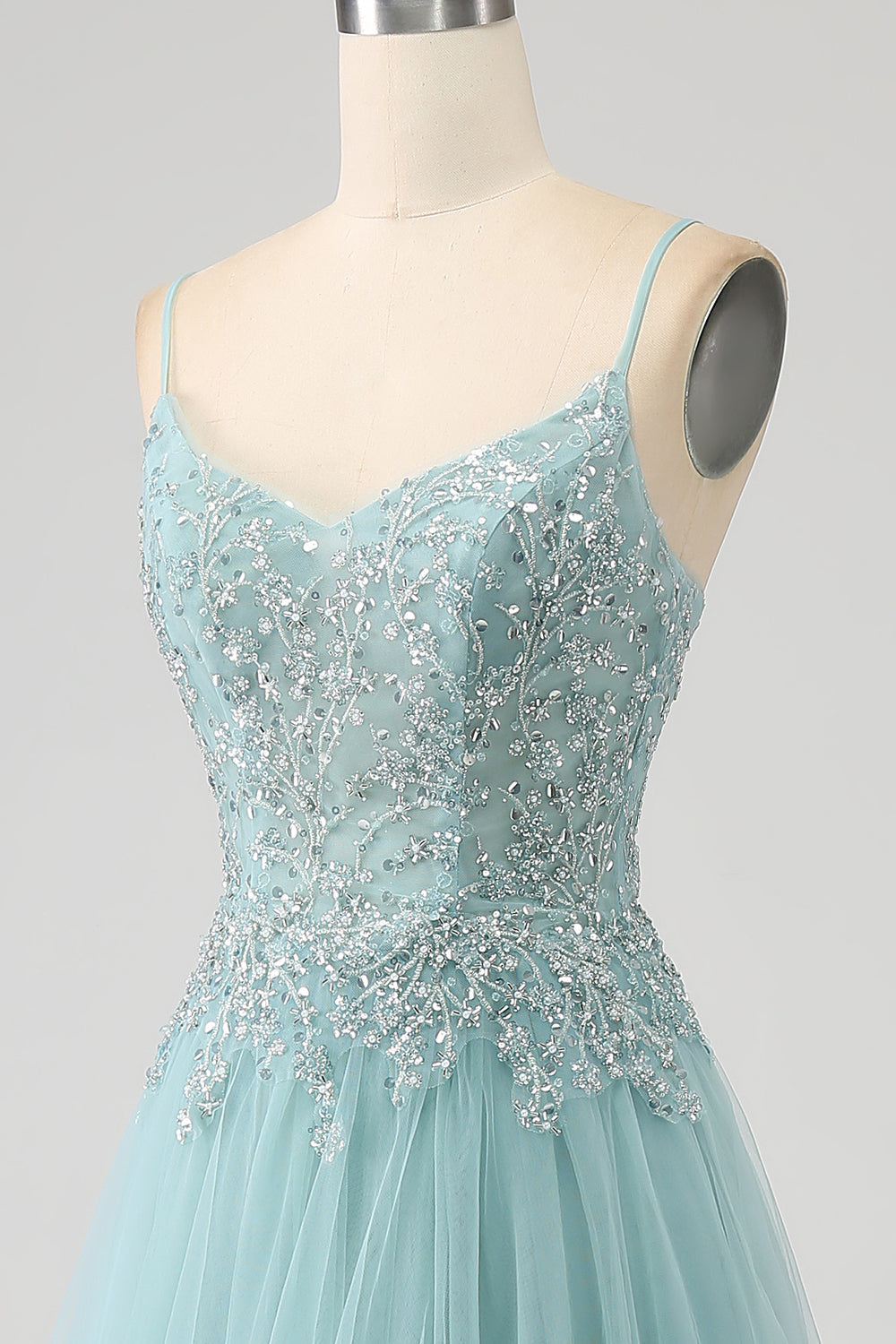 Robe de soirée Corset à paillettes Applique vert clair scintillant avec fente