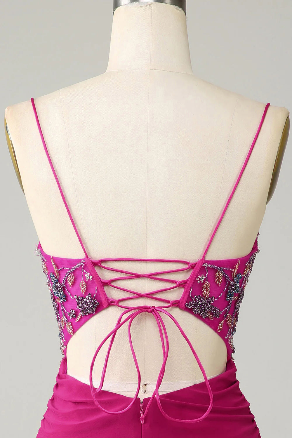 Stylish Bodycon Spaghetti Straps Fuchsia Robe courte cocktail avec perles