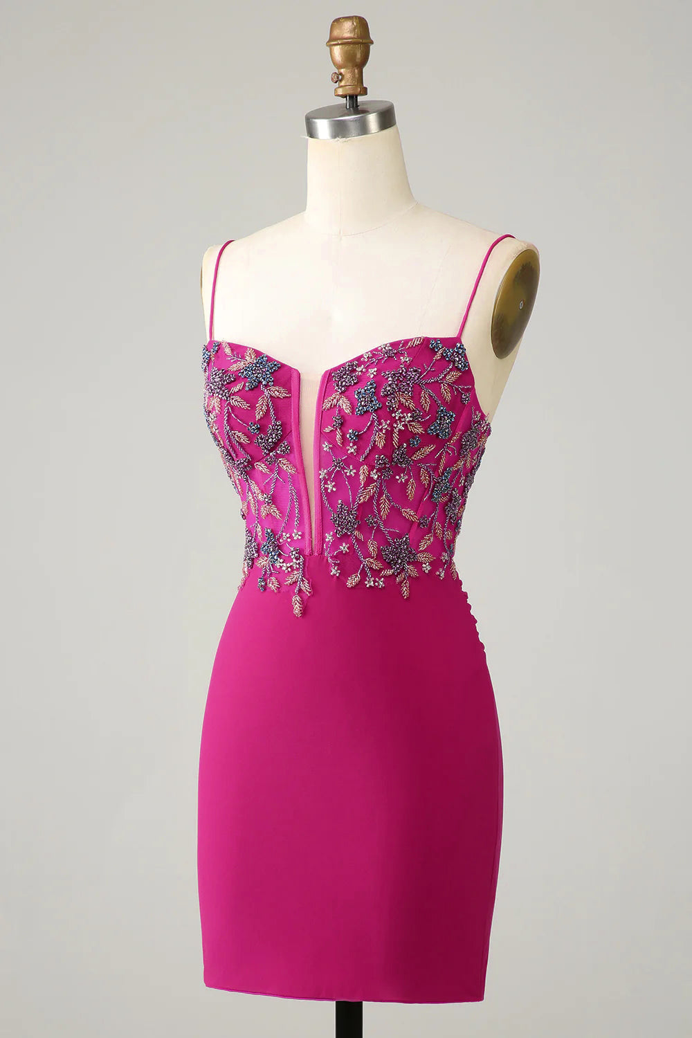 Stylish Bodycon Spaghetti Straps Fuchsia Robe courte cocktail avec perles