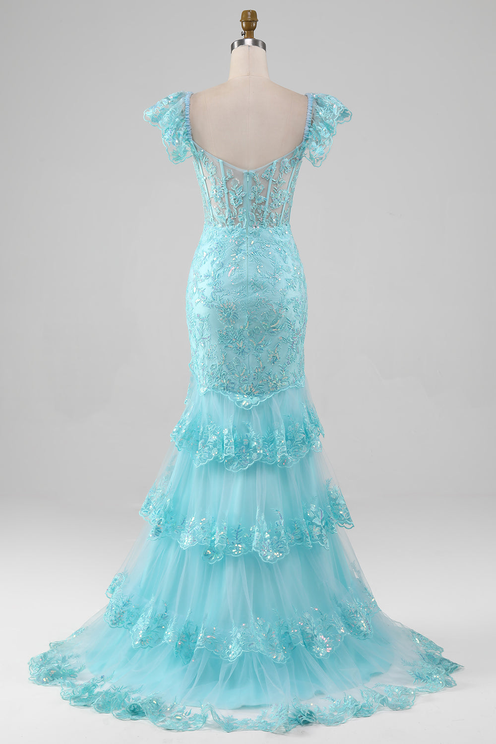 Robe de bal bleu ciel en dentelle à épaules dénudées et paillettes sirène avec fente
