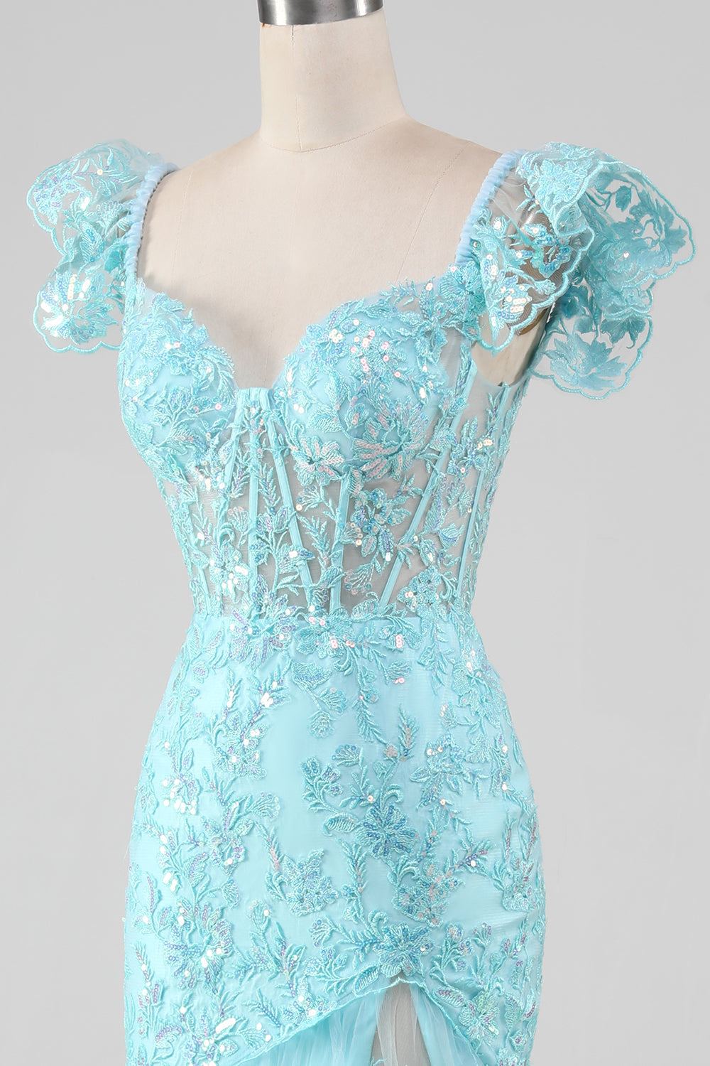 Robe de bal bleu ciel en dentelle à épaules dénudées et paillettes sirène avec fente