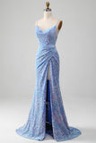 Robe de soirée sirène bleu clair à paillettes scintillantes et fente
