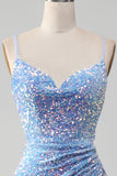 Robe de soirée sirène bleu clair à paillettes scintillantes et fente